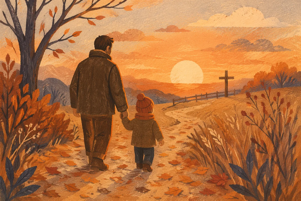 Father and Child on Autumn Sunset Path