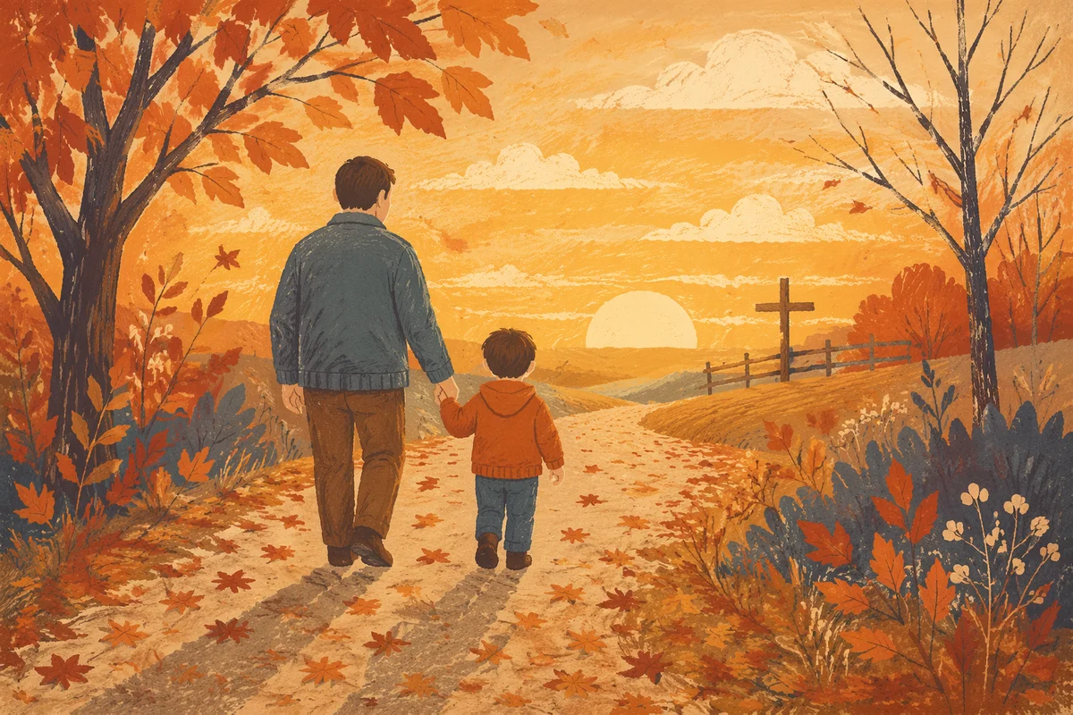 Father and Child on Autumn Sunset Path