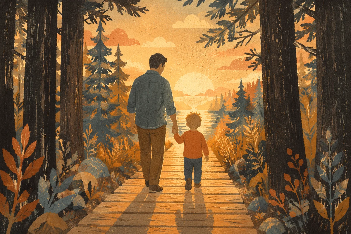 Father and Child Sunset Woodland Walk