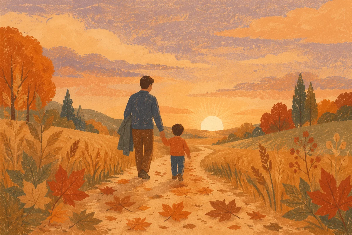 Father and Child on Autumn Sunset Path