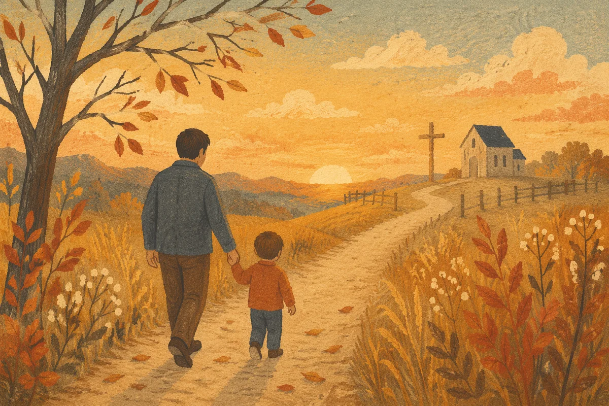 Father and Child on Autumn Sunset Path