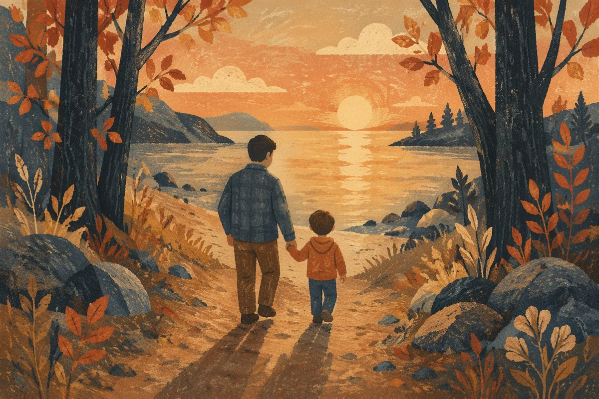 Father and Child on Autumn Sunset Path