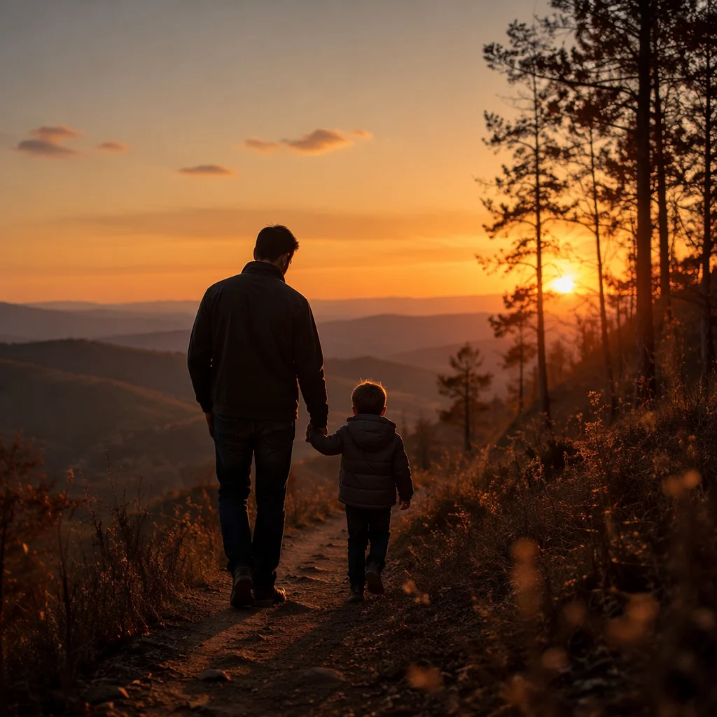 Father and Child Walking at Sunset