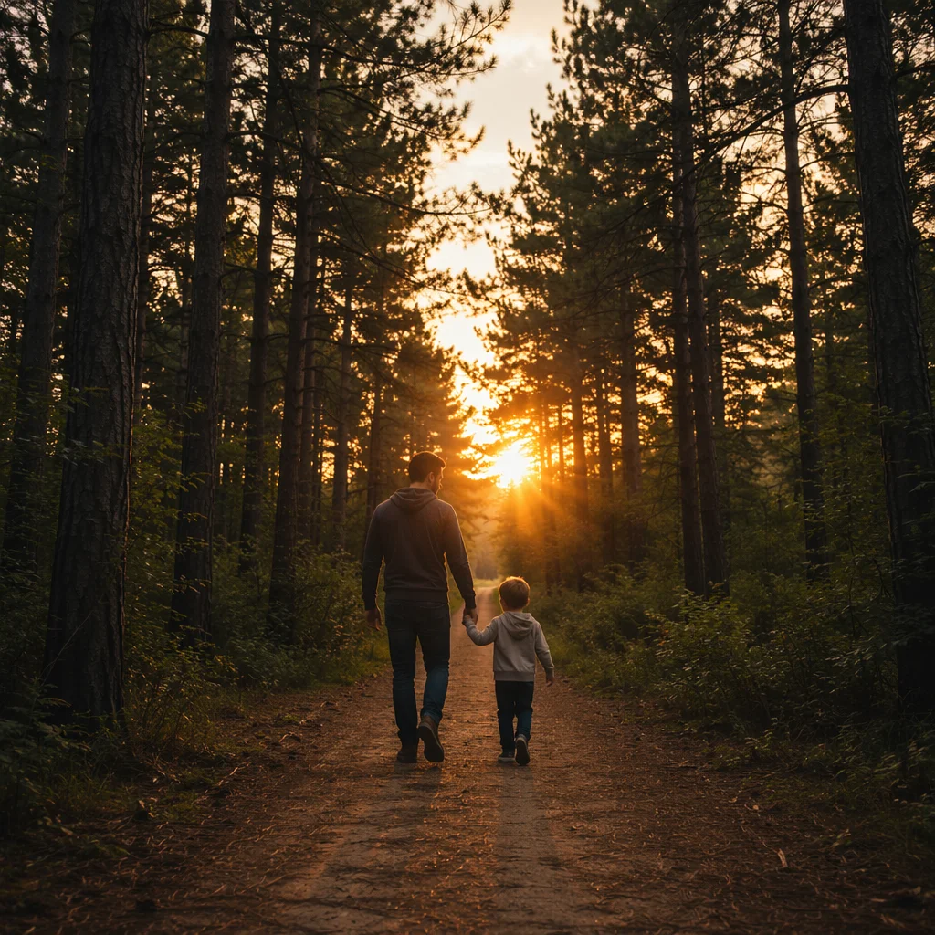 Father and Child Sunset Woodland Walk
