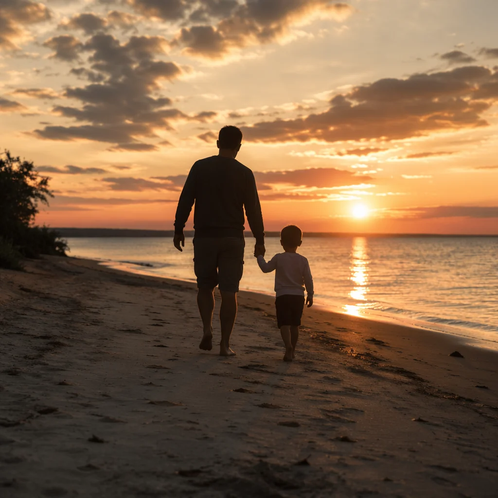 Father and Child Walking at Coastal Sunset