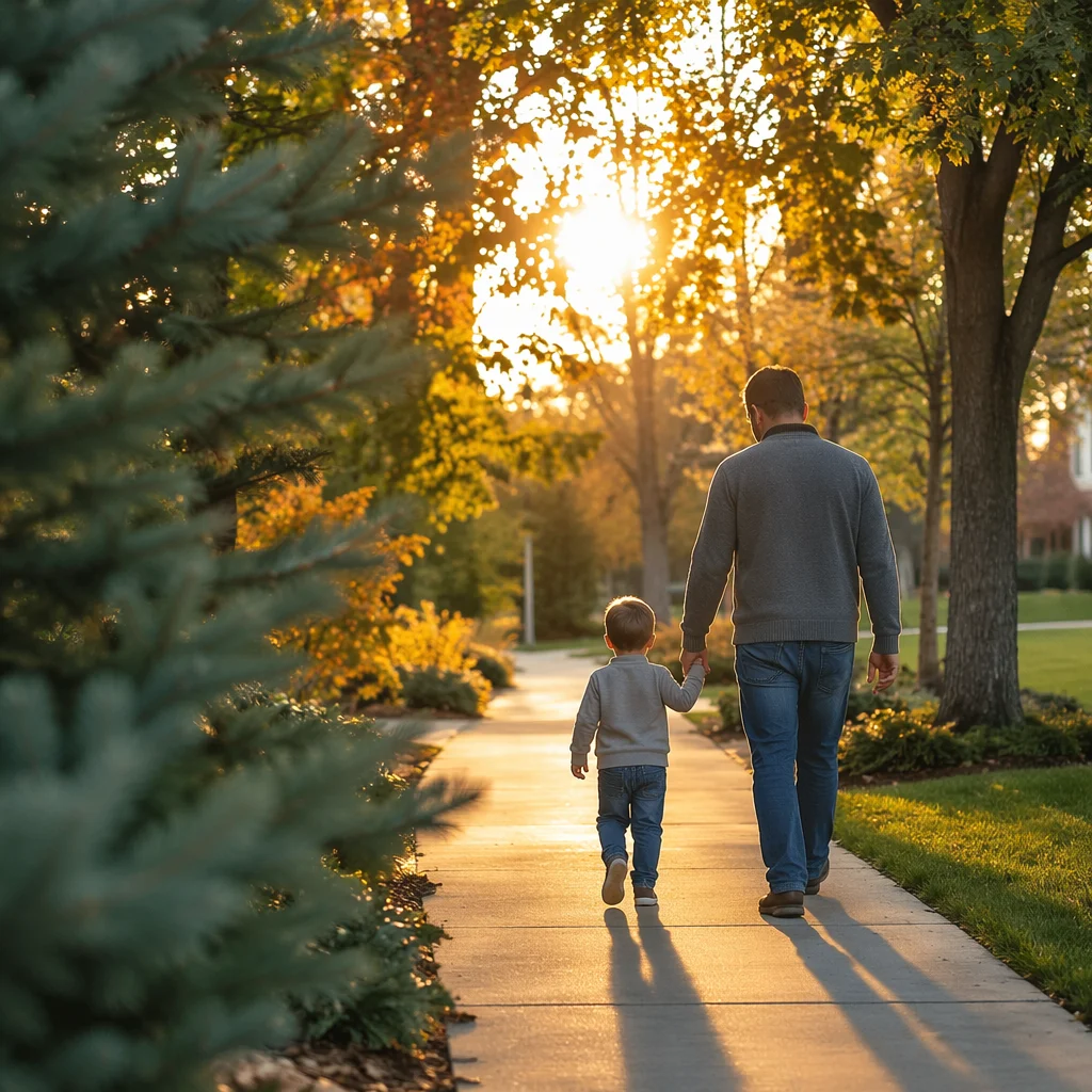 Father and Child Walking at Sunset