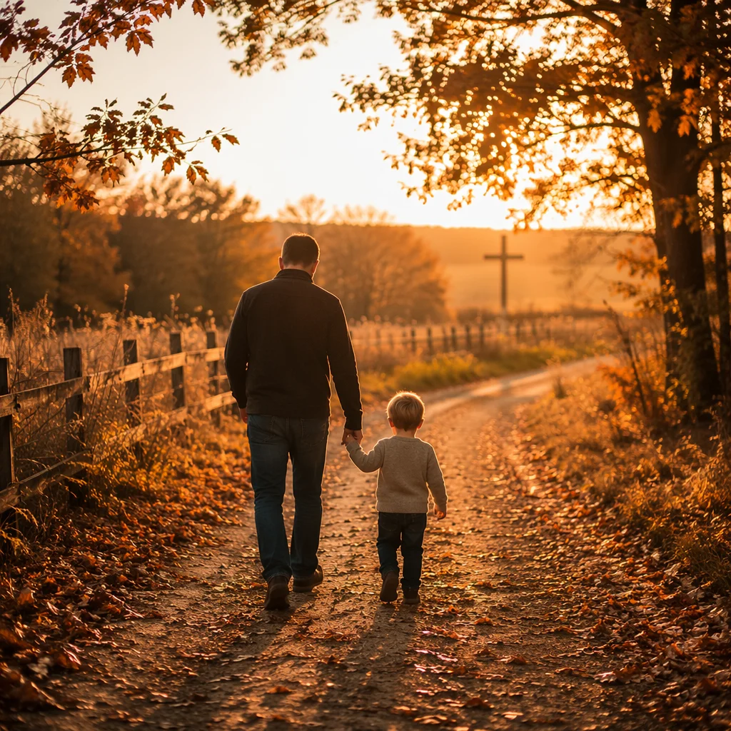 Father and Child on Autumn Sunset Path