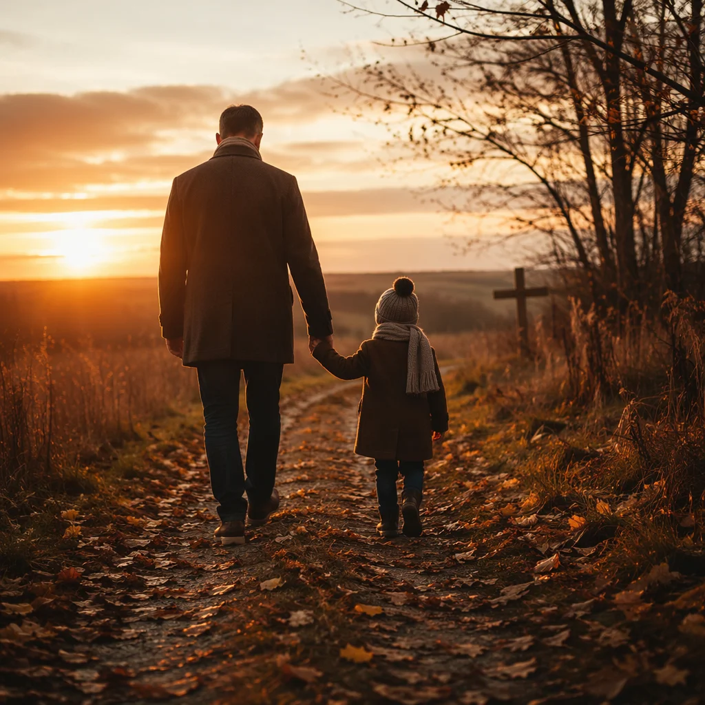 Father and Child on Autumn Faith Path