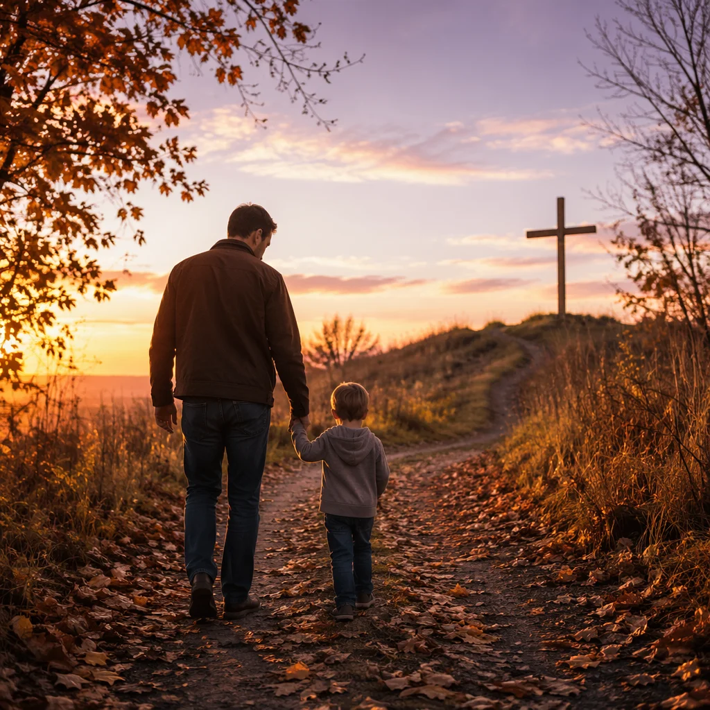 Father and Child Walking Toward Cross at Sunset