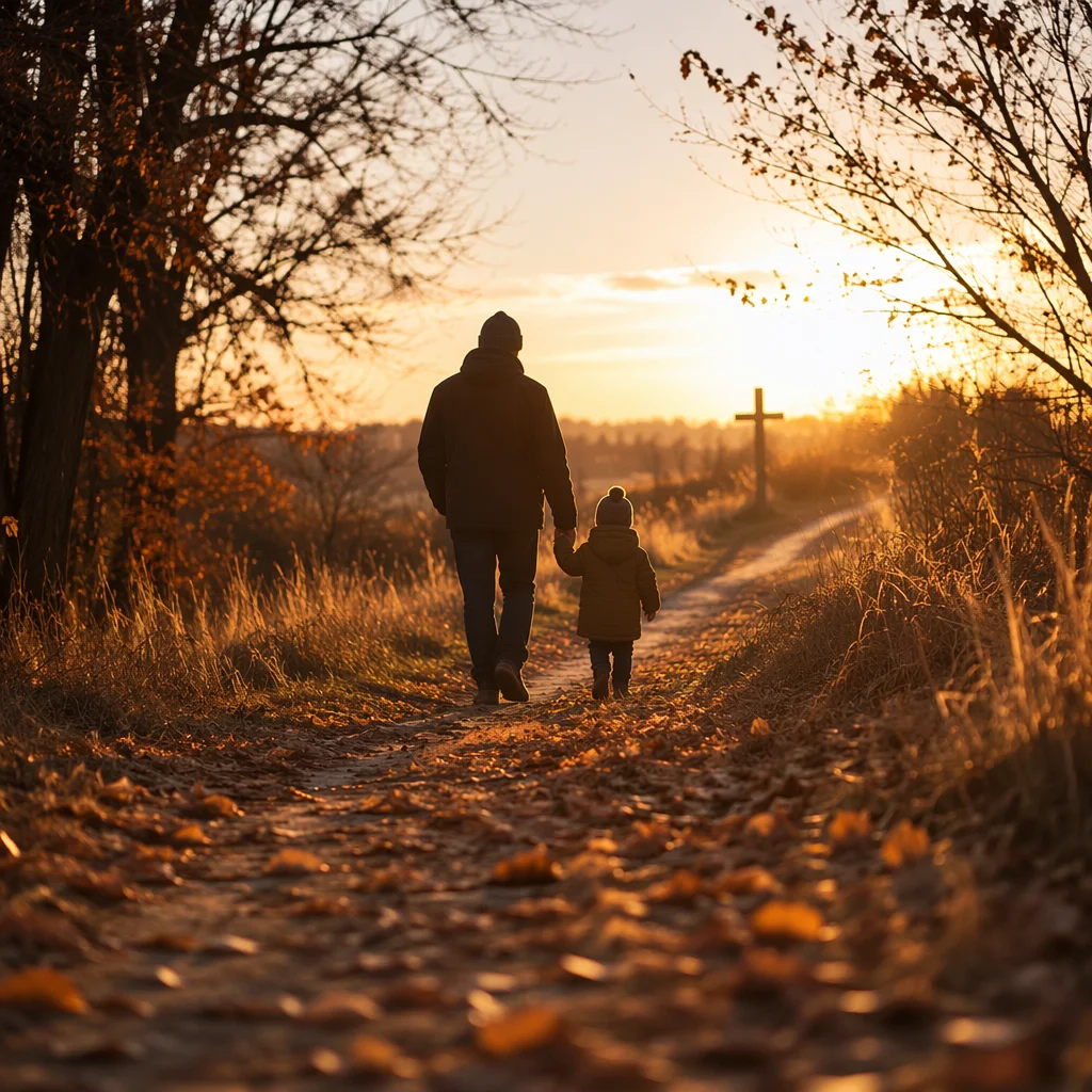 Father and Child Walking Toward Sunset Cross