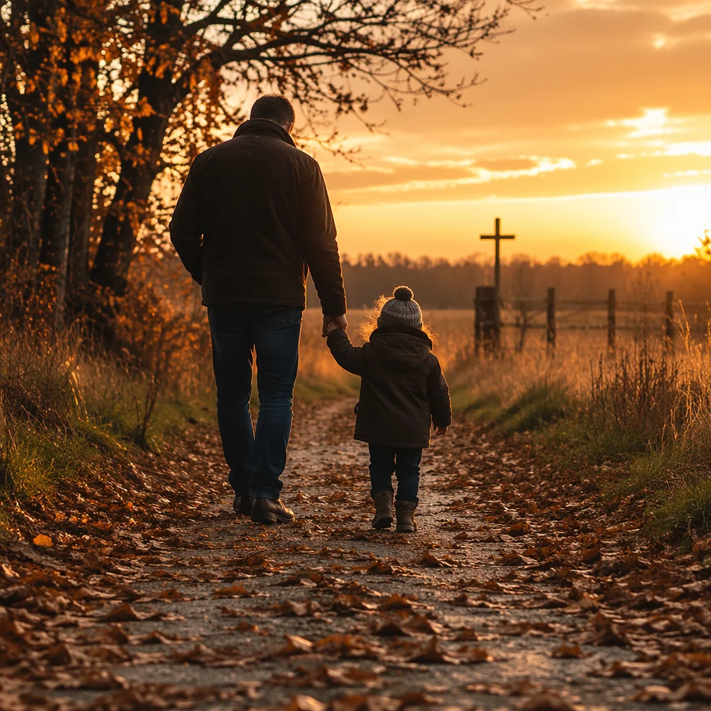 Father and Child on Autumn Sunset Path