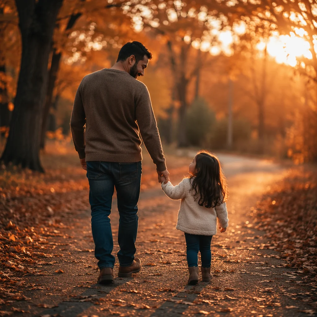 Father and Daughter Autumn Sunset Walk