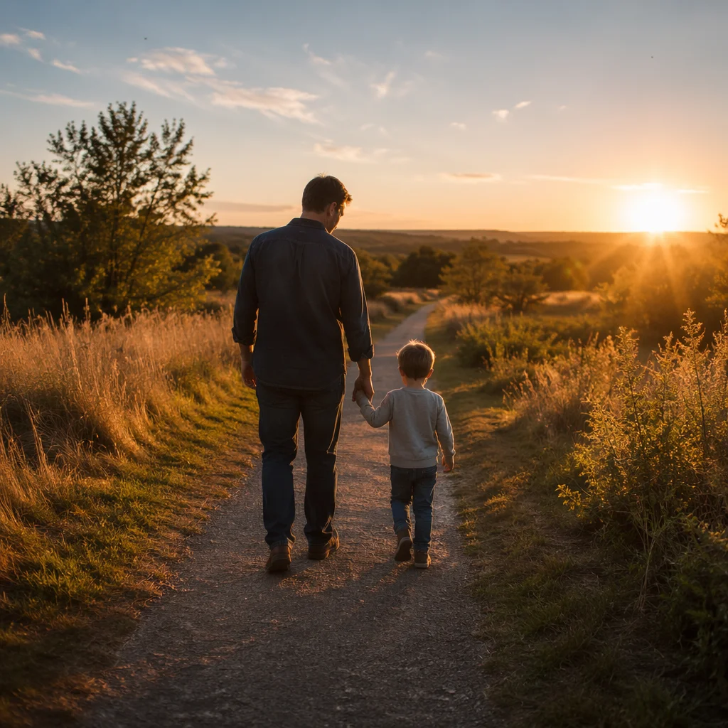 Father and Child on Sunset Meadow Path