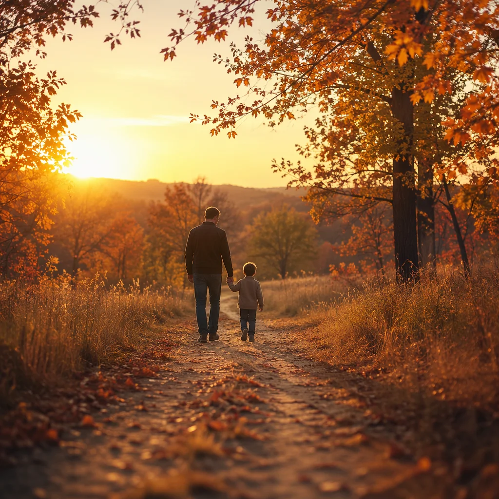 Father and Child on Autumn Sunset Path