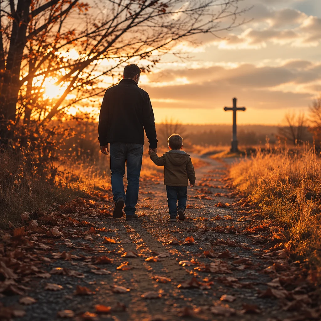 Father and Child on Autumn Sunset Path