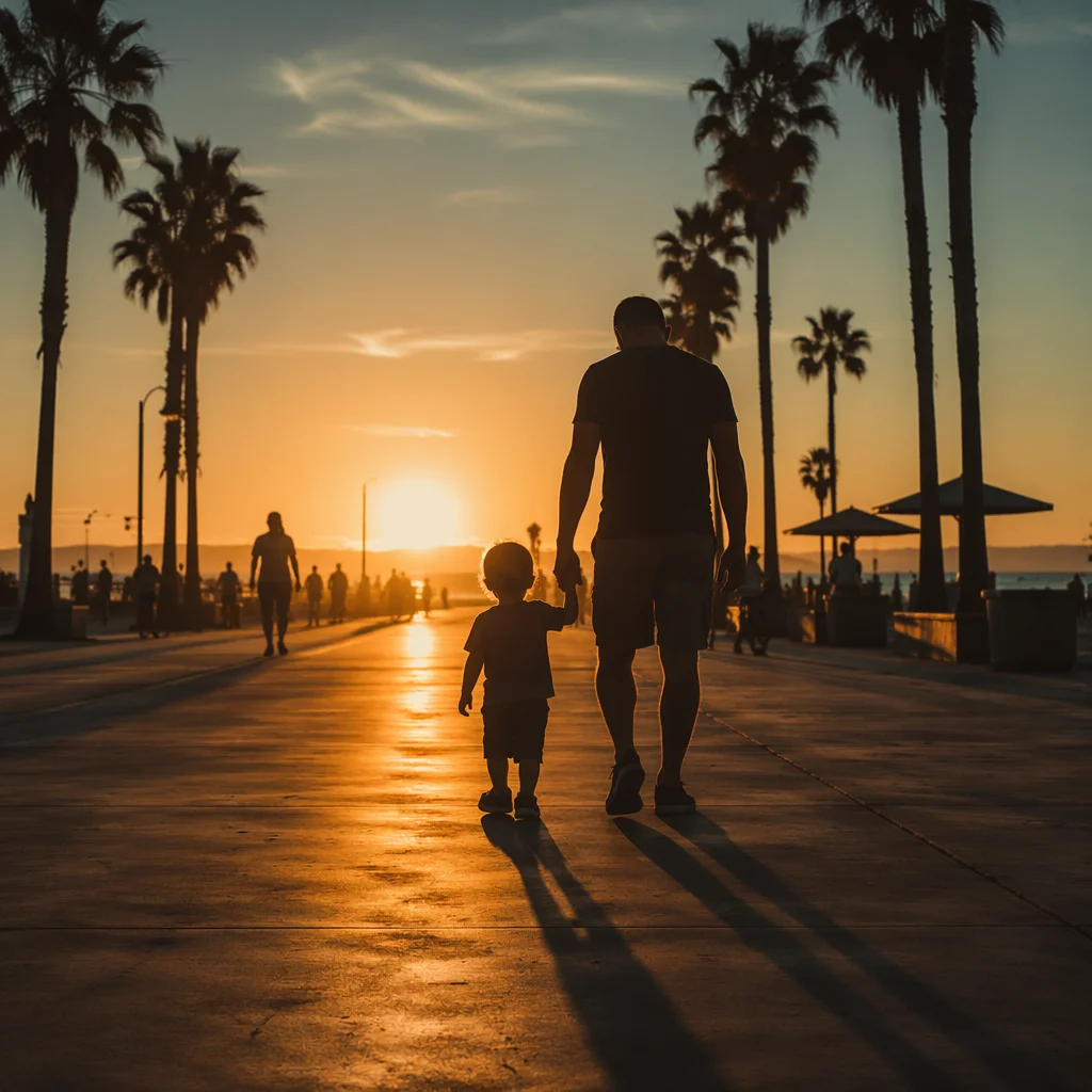 Father and Child Sunset Promenade Walk