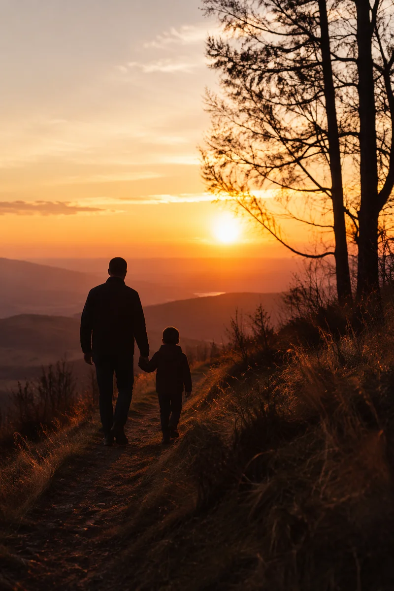 Father and Child Walking at Sunset