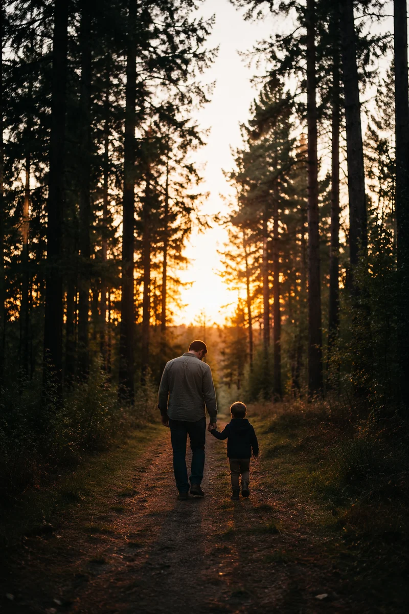 Father and Child Sunset Woodland Walk