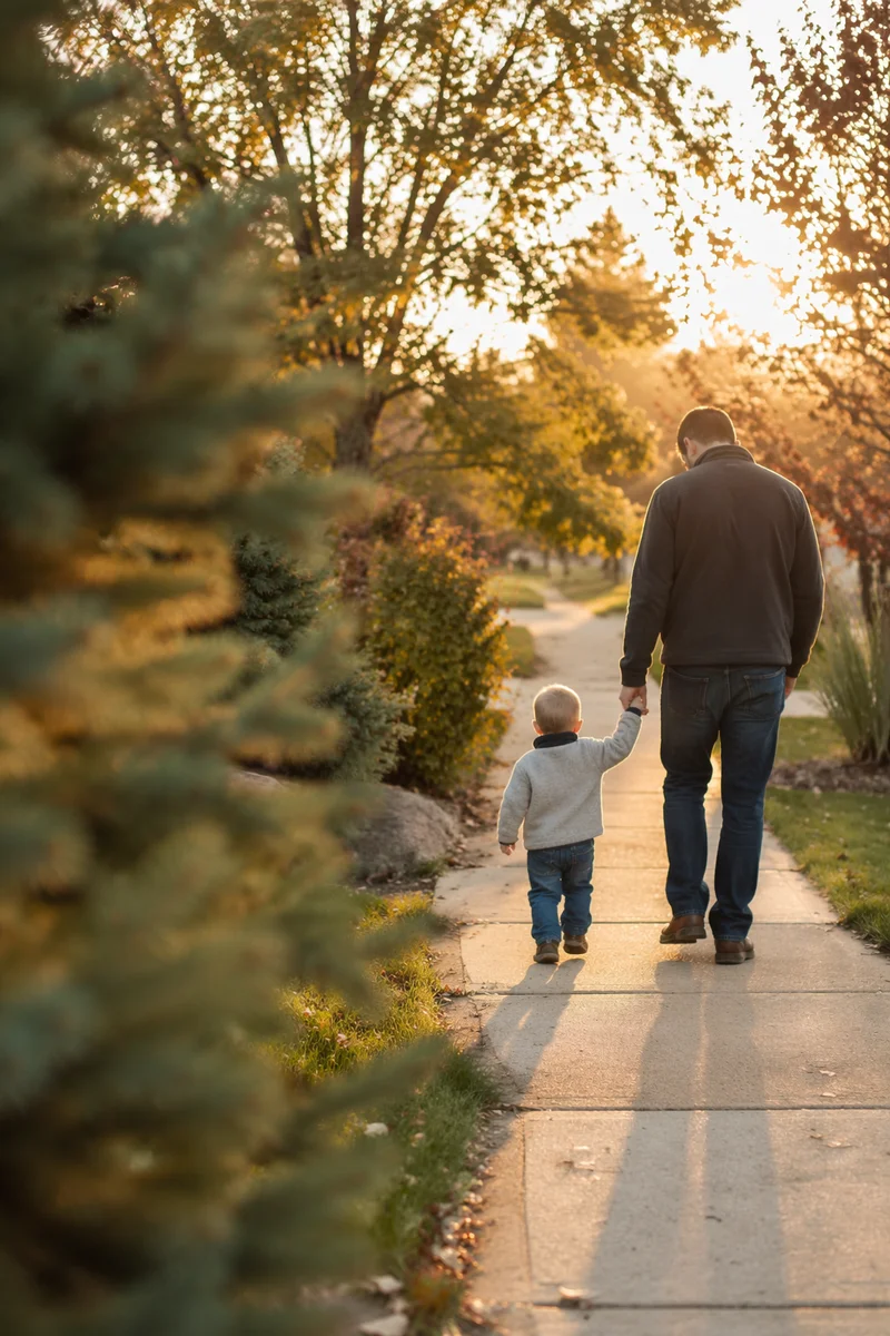 Father and Child Walking at Sunset
