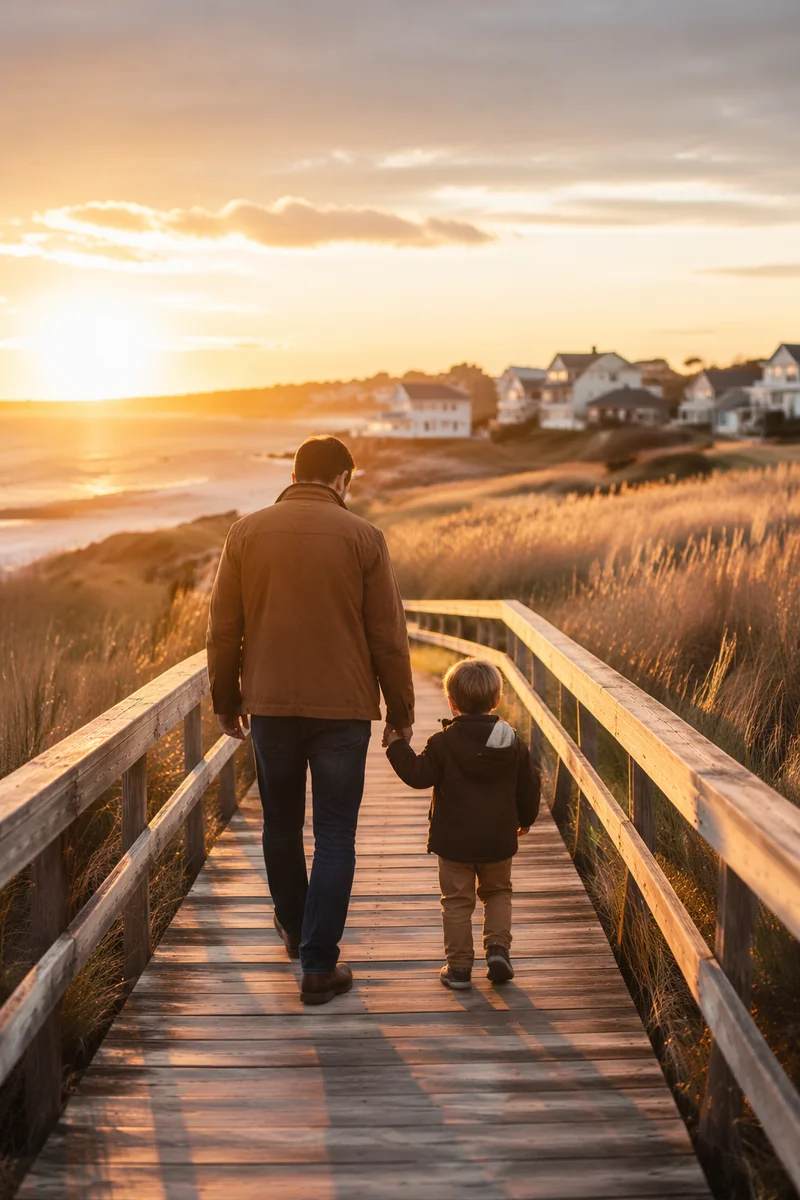 Father and Child Walking Boardwalk at Sunset