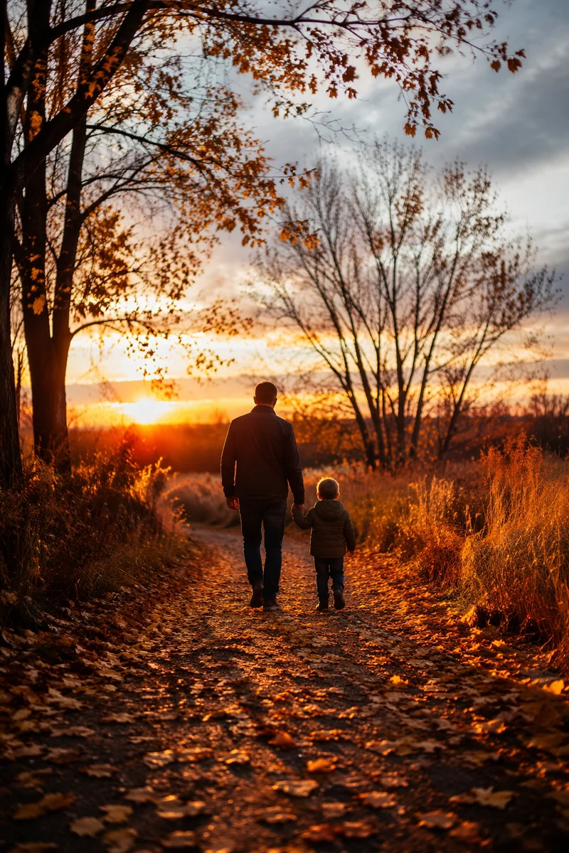 Father and Child Autumn Sunset Walk