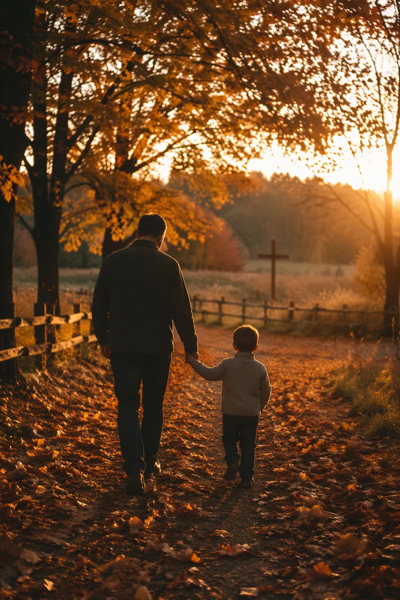 Father and Child on Autumn Sunset Path