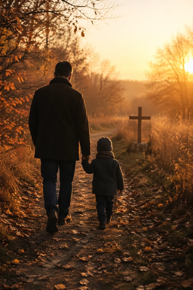 Father and Child on Autumn Faith Path