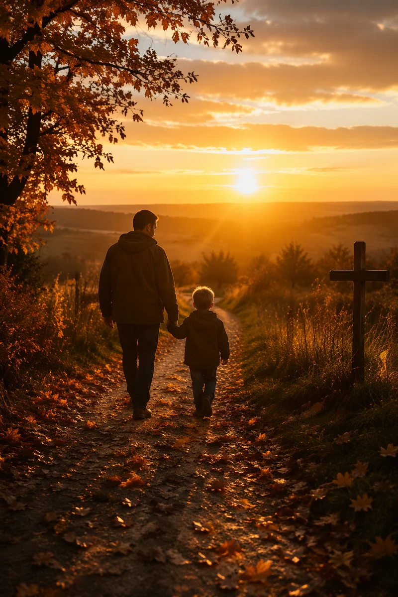 Father and Child on Autumn Sunset Path