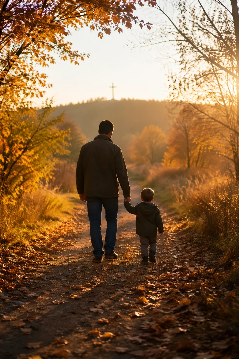 Father and Child on Autumn Faith Path