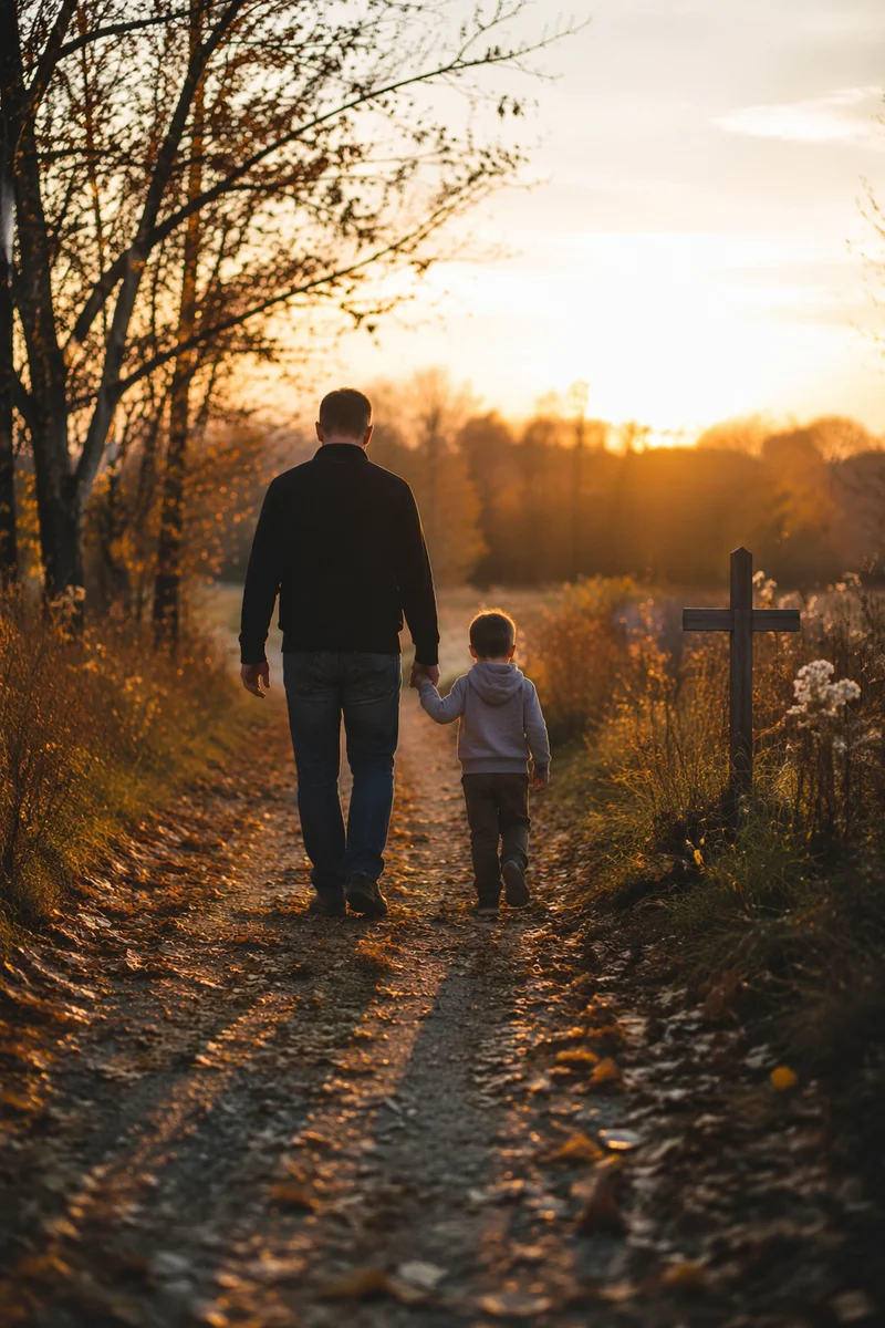 Father and Child on Autumn Sunset Path