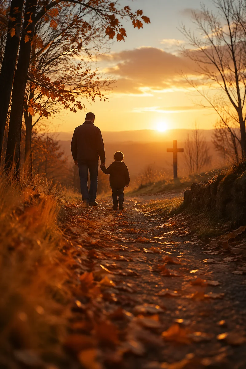 Father and Child on Autumn Sunset Path