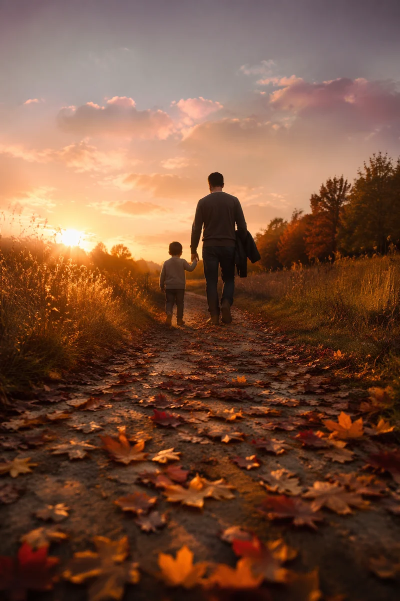 Father and Child on Autumn Sunset Path