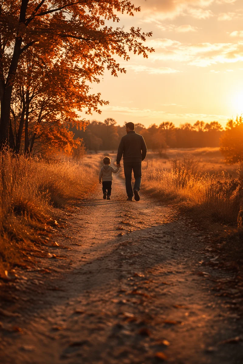 Father and Child on Autumn Sunset Path
