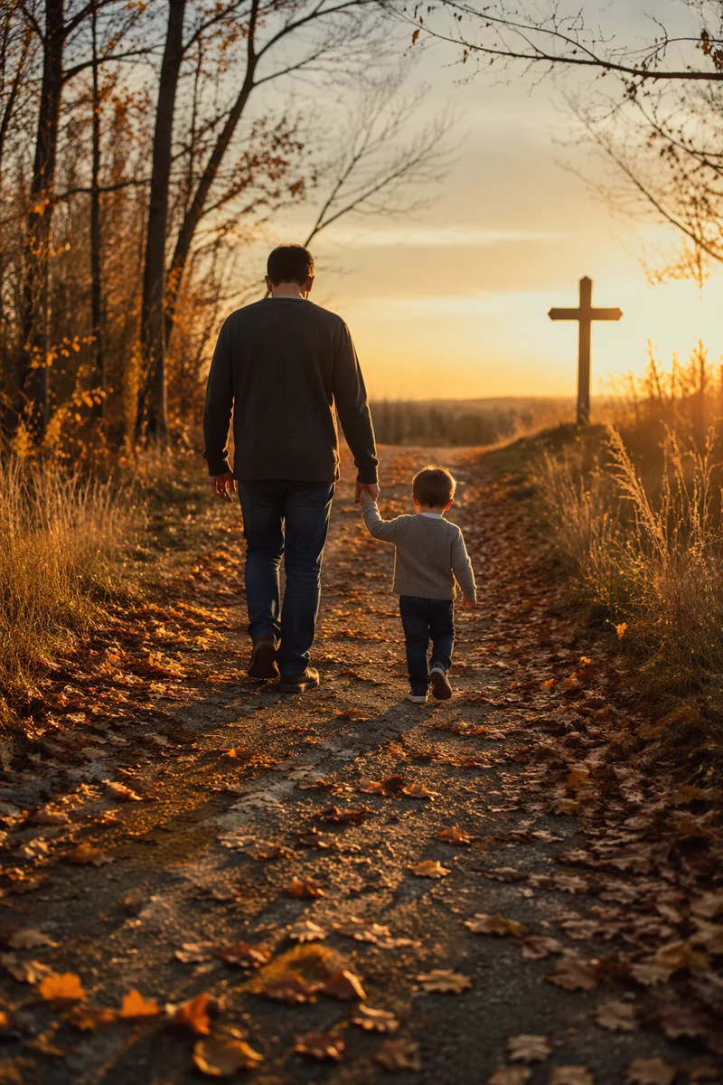 Father and Child on Autumn Sunset Path