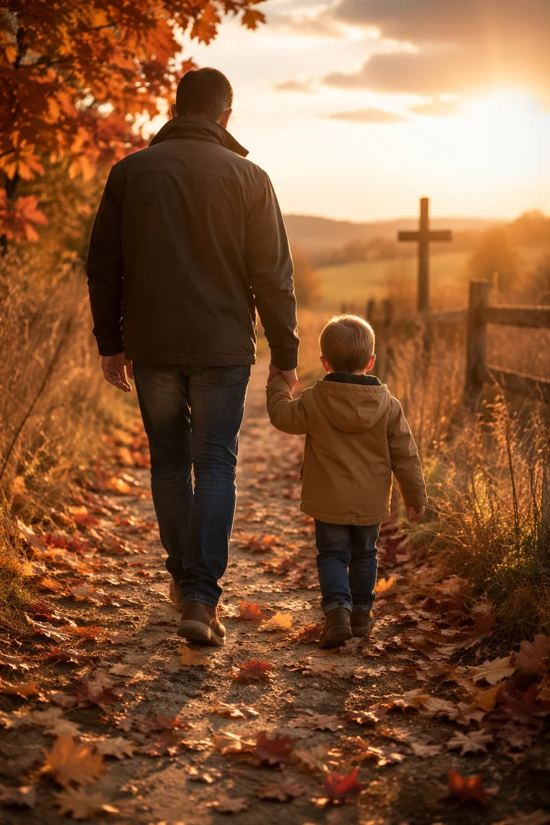 Father and Child Walking at Autumn Sunset