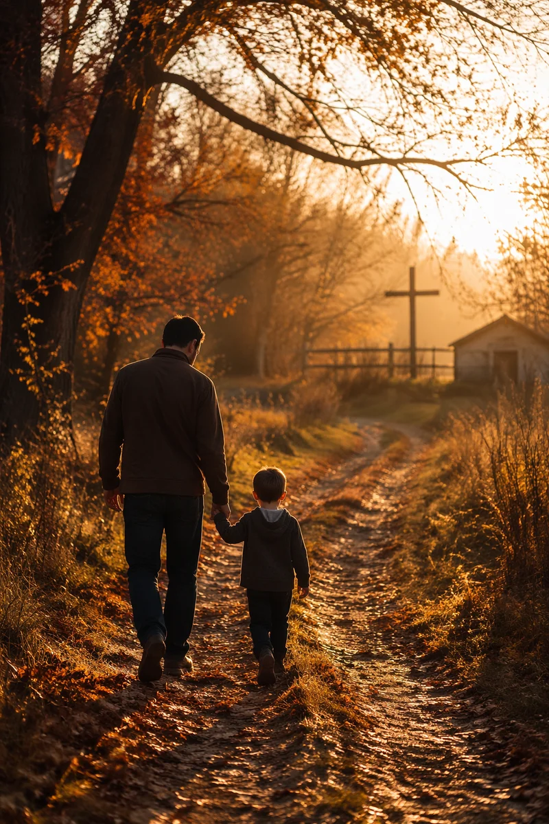 Father and Child on Autumn Faith Path