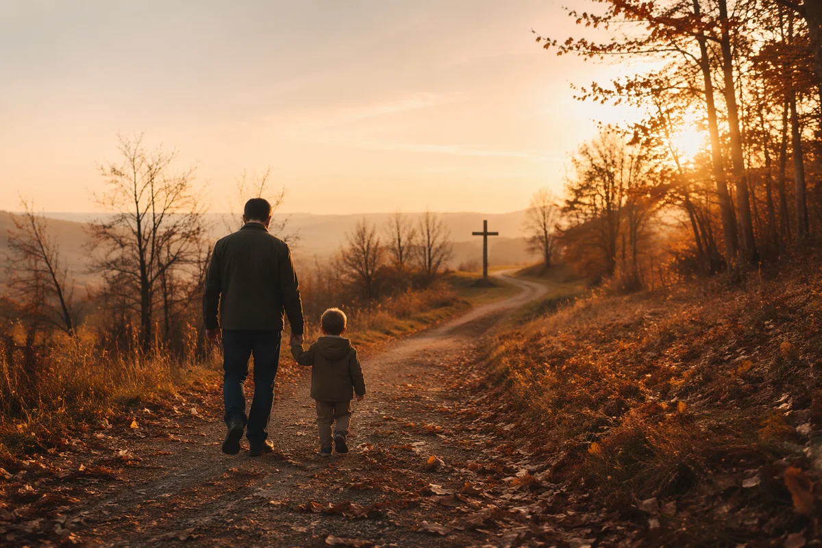 Father and Child on Autumn Sunset Path