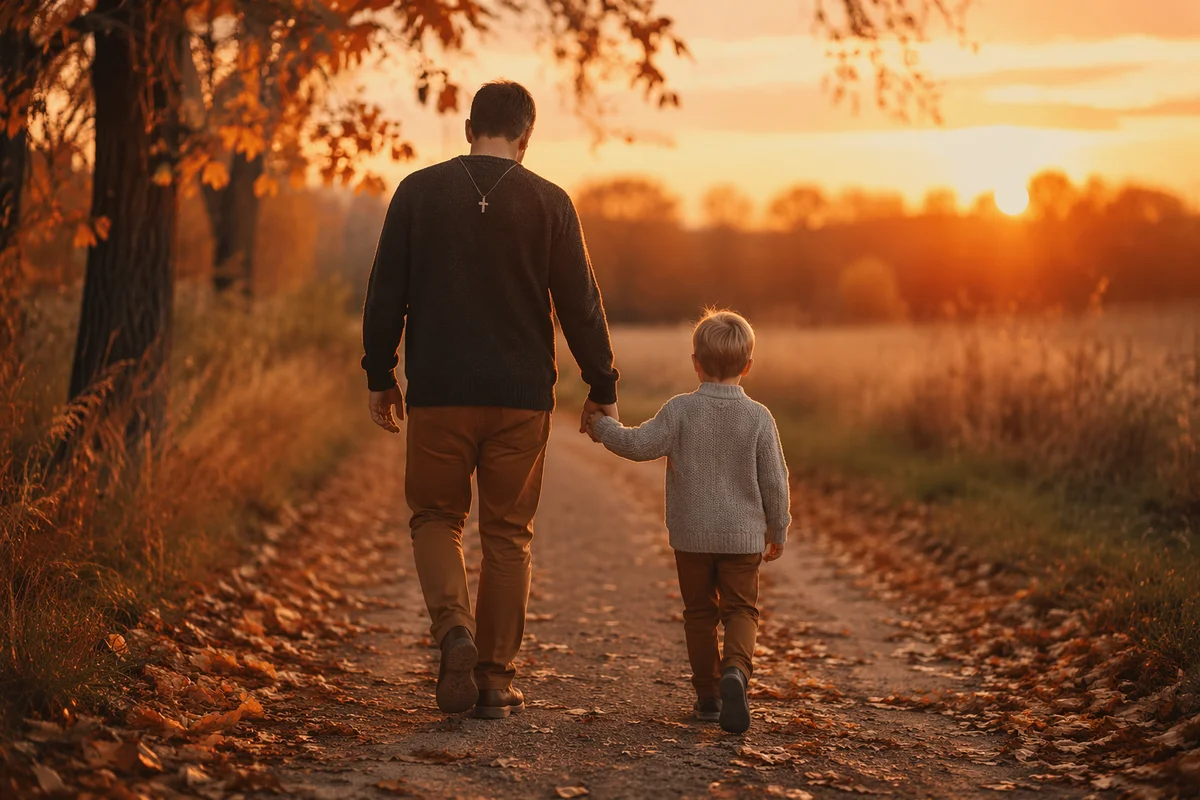 Father and Child on Autumn Sunset Path