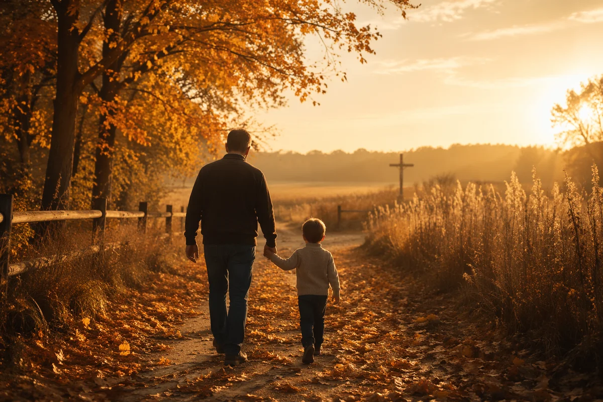 Father and Child on Autumn Sunset Path