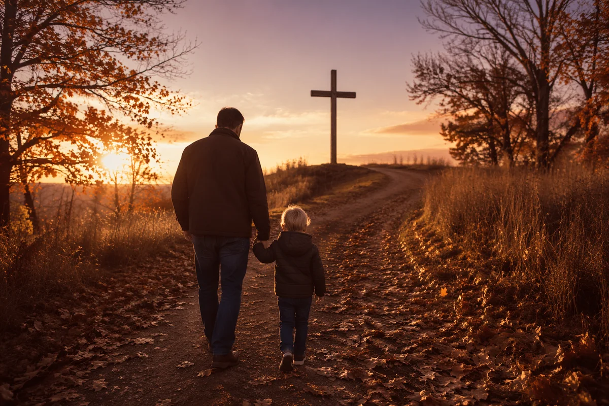 Father and Child Walking Toward Sunset Cross