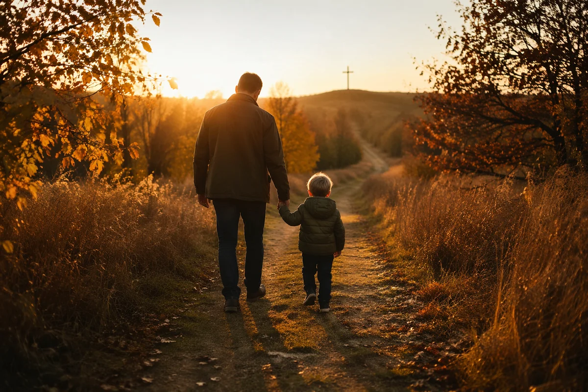 Father and Child on Autumn Faith Path