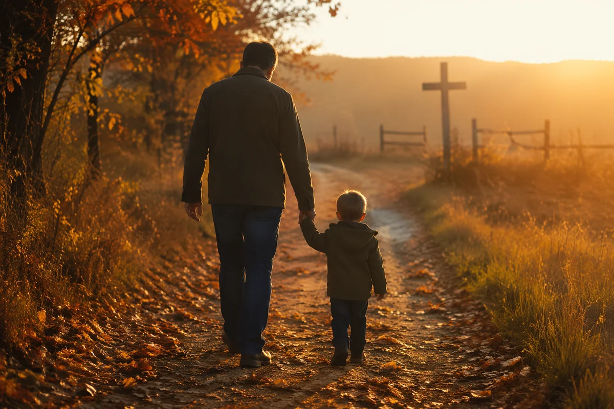 Father and Child on Autumn Sunset Path