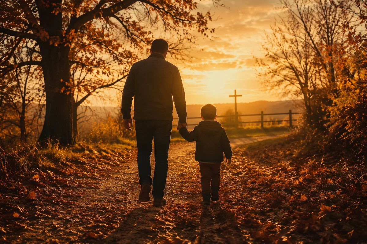 Father and Child on Autumn Sunset Path