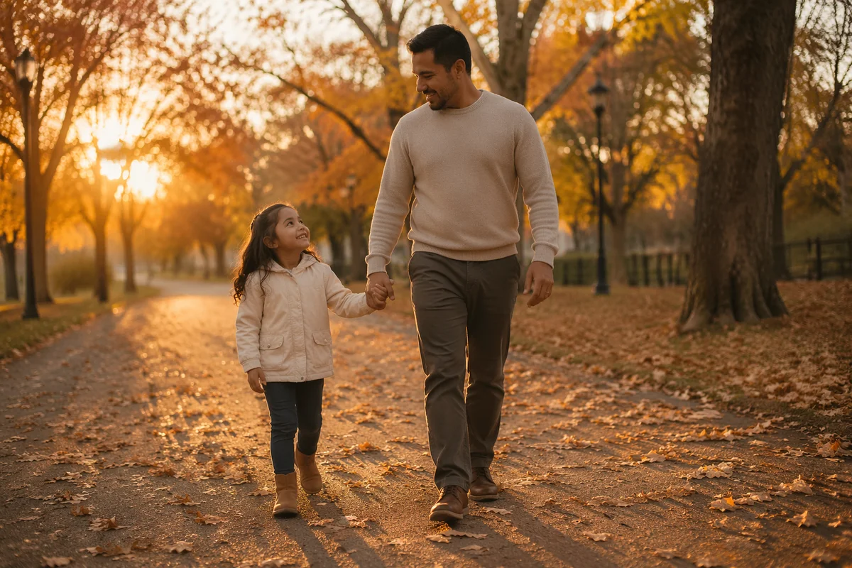 Father and Daughter Walking at Sunset
