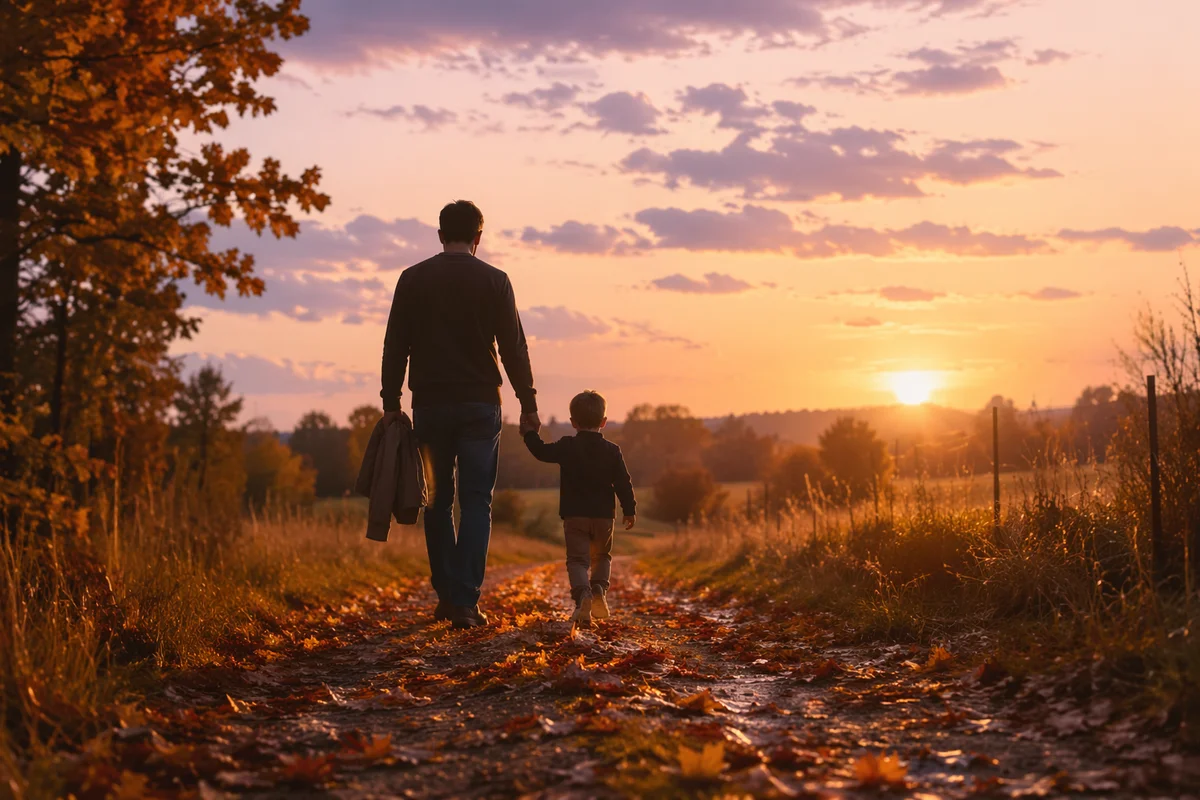 Father and Child on Autumn Sunset Path