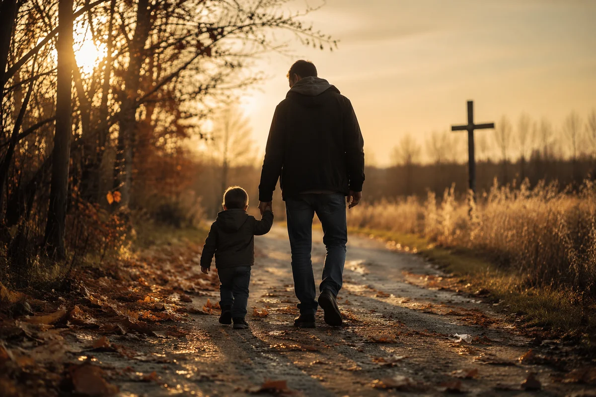 Father and Child on Autumn Sunset Path