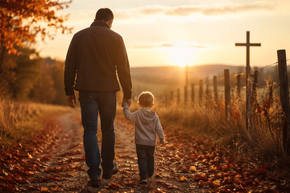 Father and Child on Autumn Sunset Path