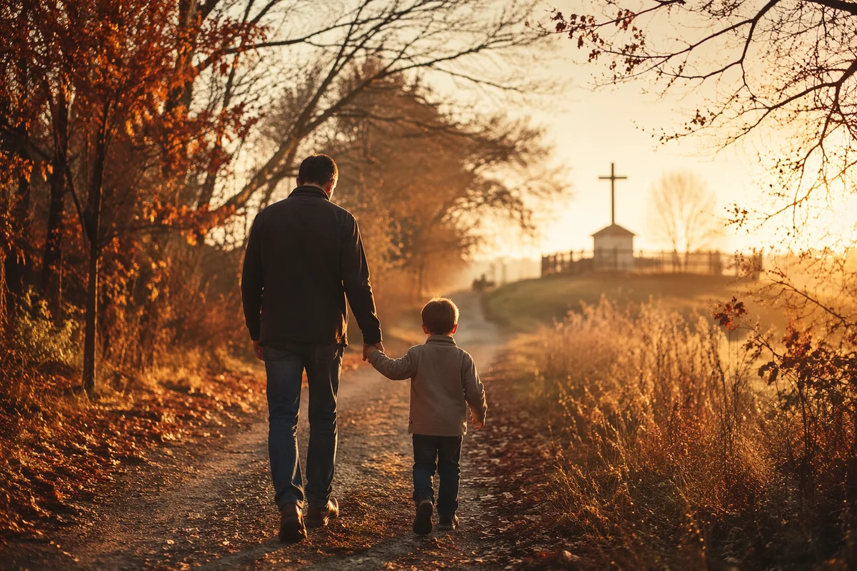 Father and Child on Autumn Sunset Path
