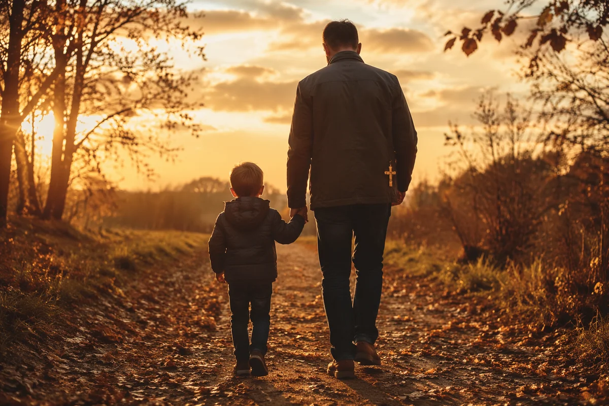 Father and Child on Autumn Sunset Path