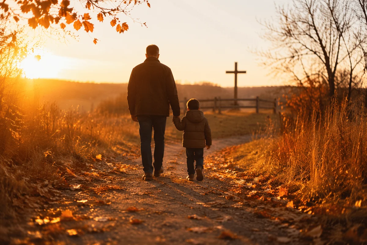 Father and Child on Autumn Sunset Path